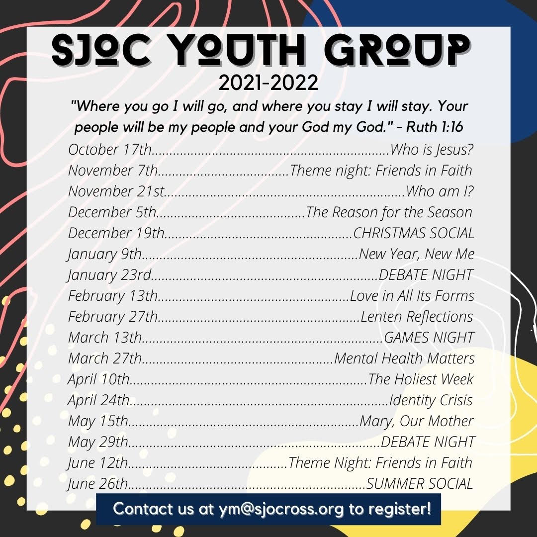 Youth Group Calendar 2021-2022